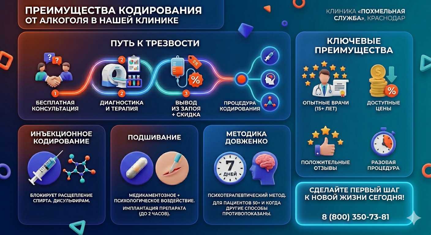 Инфографика о методах кодирования от алкоголя в Талдоме: инъекции, подшивание, метод Довженко. Преимущества клиники и этапы лечения.