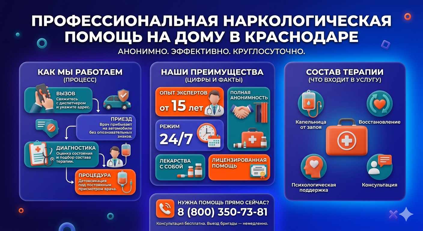 Инфографика о принципах лечения алкоголизма на дому в Талдоме: этапы вызова нарколога, преимущества анонимной детоксикации и состав медицинской помощи.